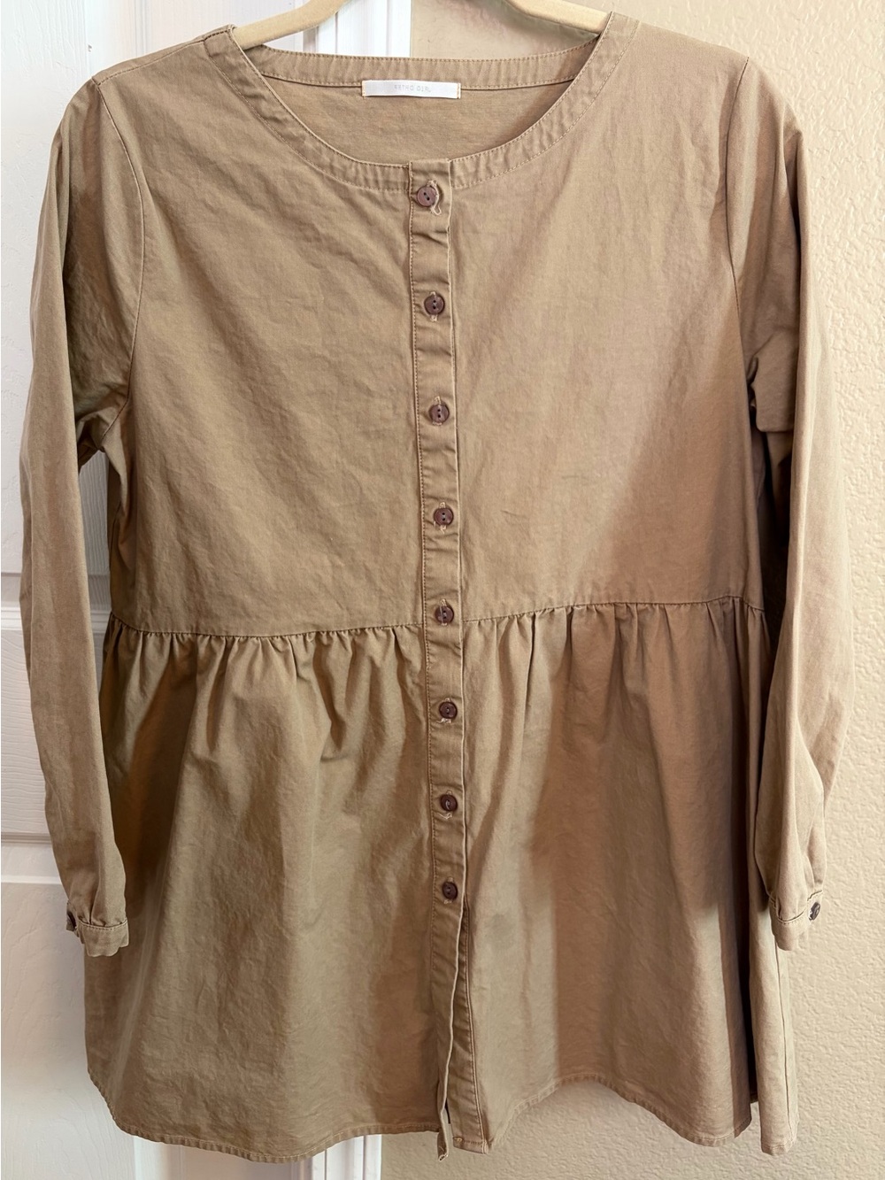 Long-Sleeve Button-Front Peplum Dress in Tan